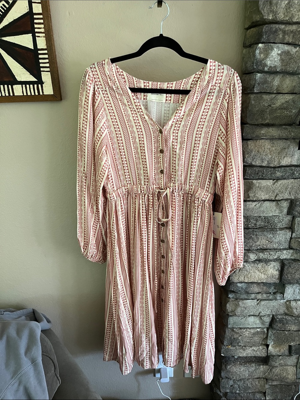 Jackson Rowe Striped Button-Front Long Sleeve Dress in Blush and Cream